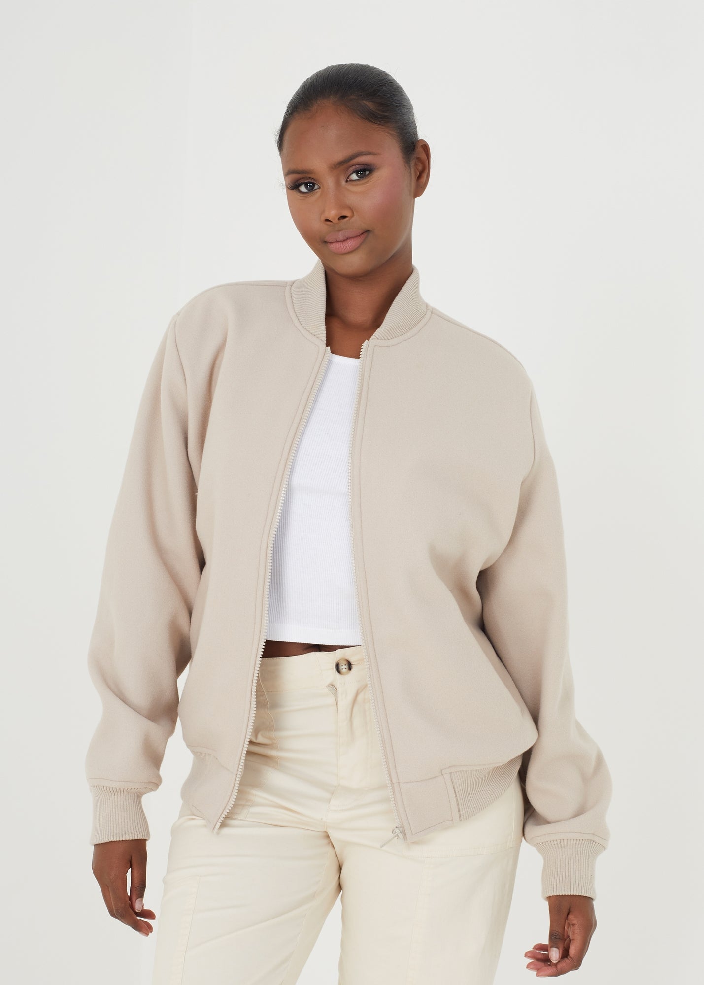 Brave Soul Beige 'Wrenley' Faux Wool Bomber Jacket